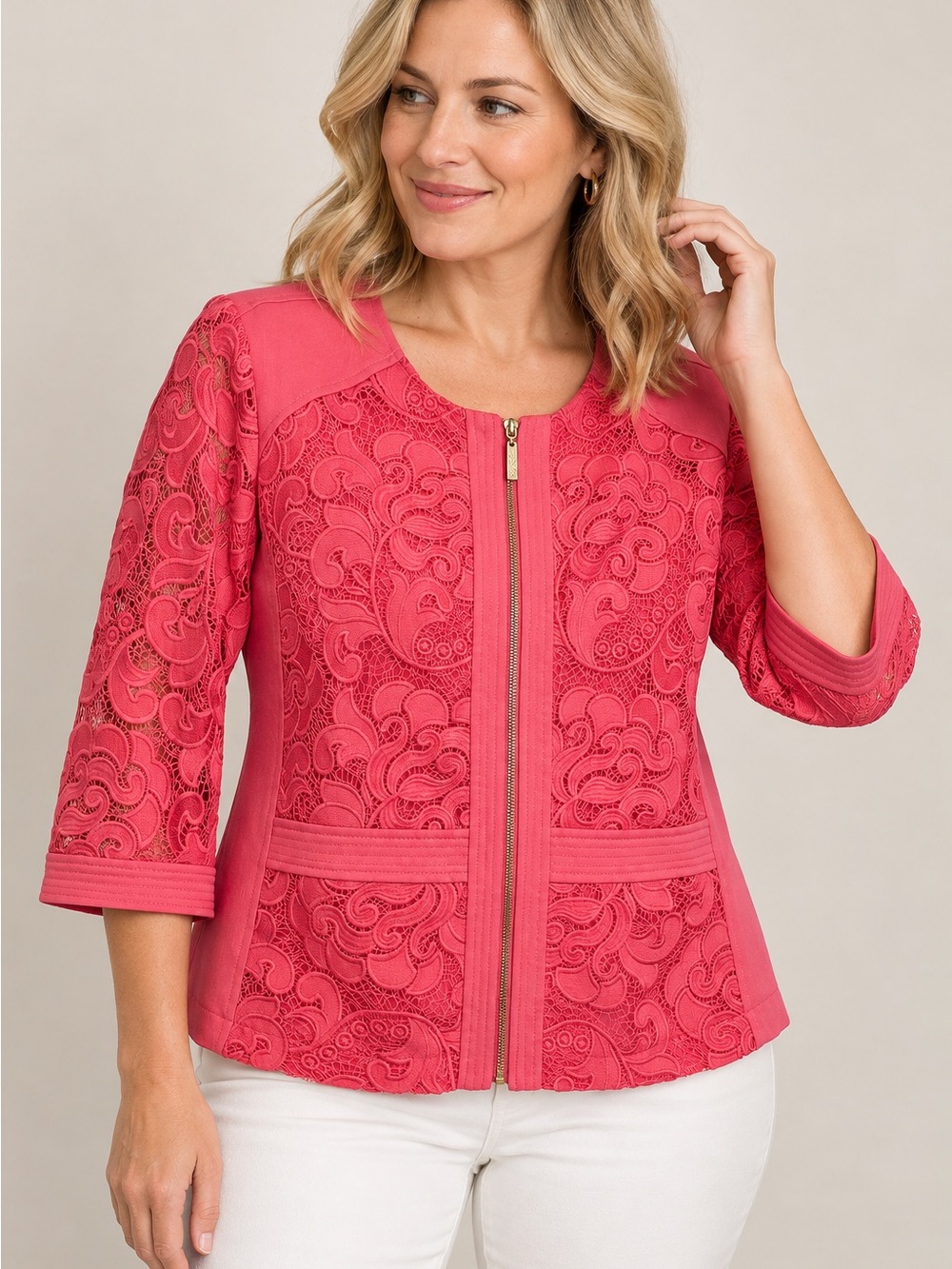 Draper’s & Damon’s Petites PXL Coral Pink Lace Zip Jacket Embroidered Dressy